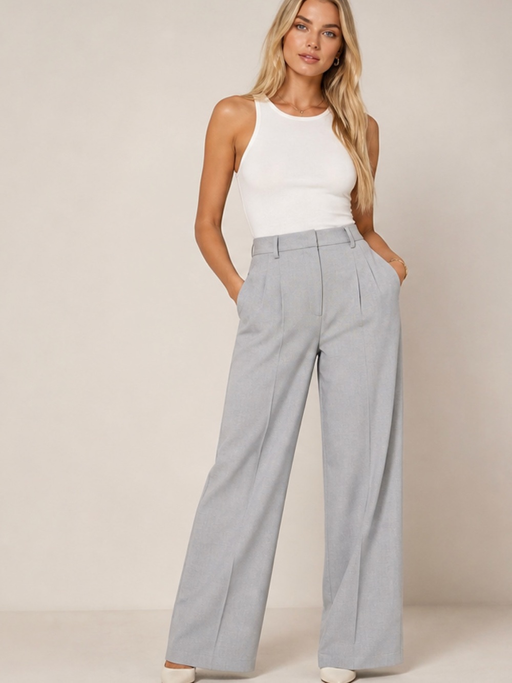 Wide Leg High-Waist Trousers in Light Gray